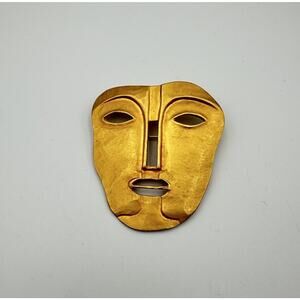 Vintage Maxine Denker Brooch Gold Tone Tribal Mask Unsigned
